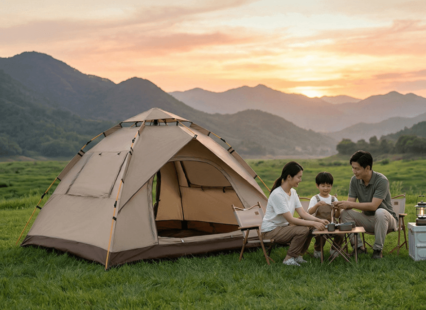 A family camping with their tent, emphasizing safety and preparedness